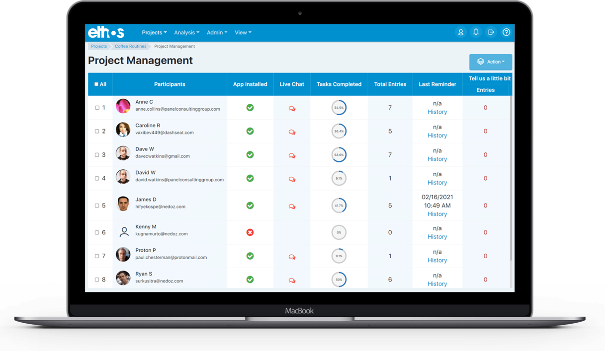 Ethos platform ethnographic and diary study project management screen