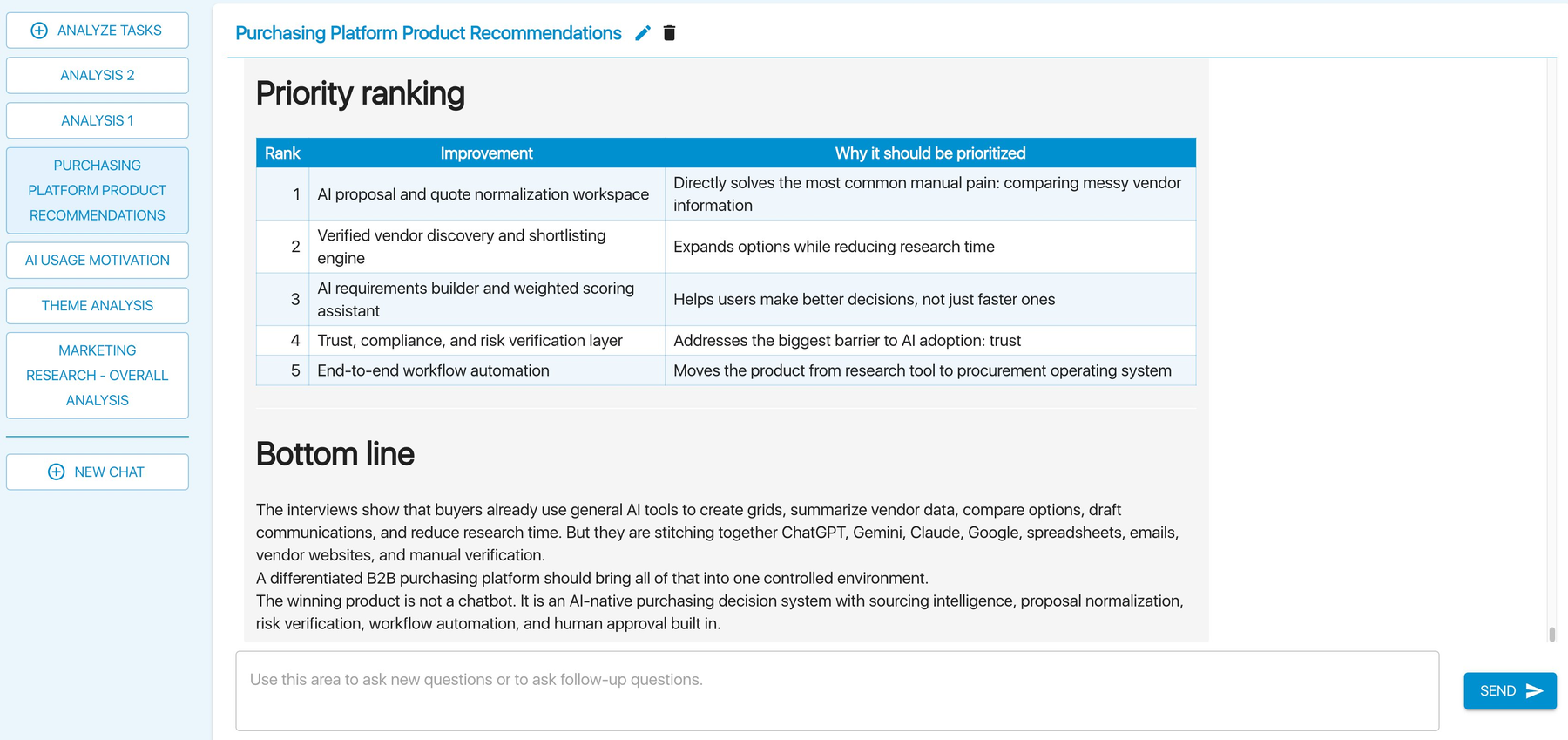 EthOS AI analysis workspace showing automated priority ranking and summary report